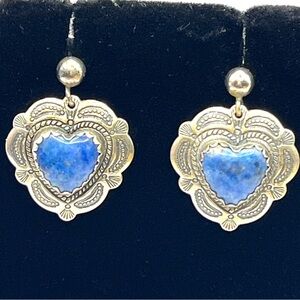 Signed Vintage Southwestern Denim Lapis Sterling Silver Heart Shaped Earrings